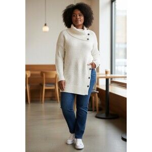 Woman Within Womens Plus 1X Cream  Button Neck Waffle Knit Sweater